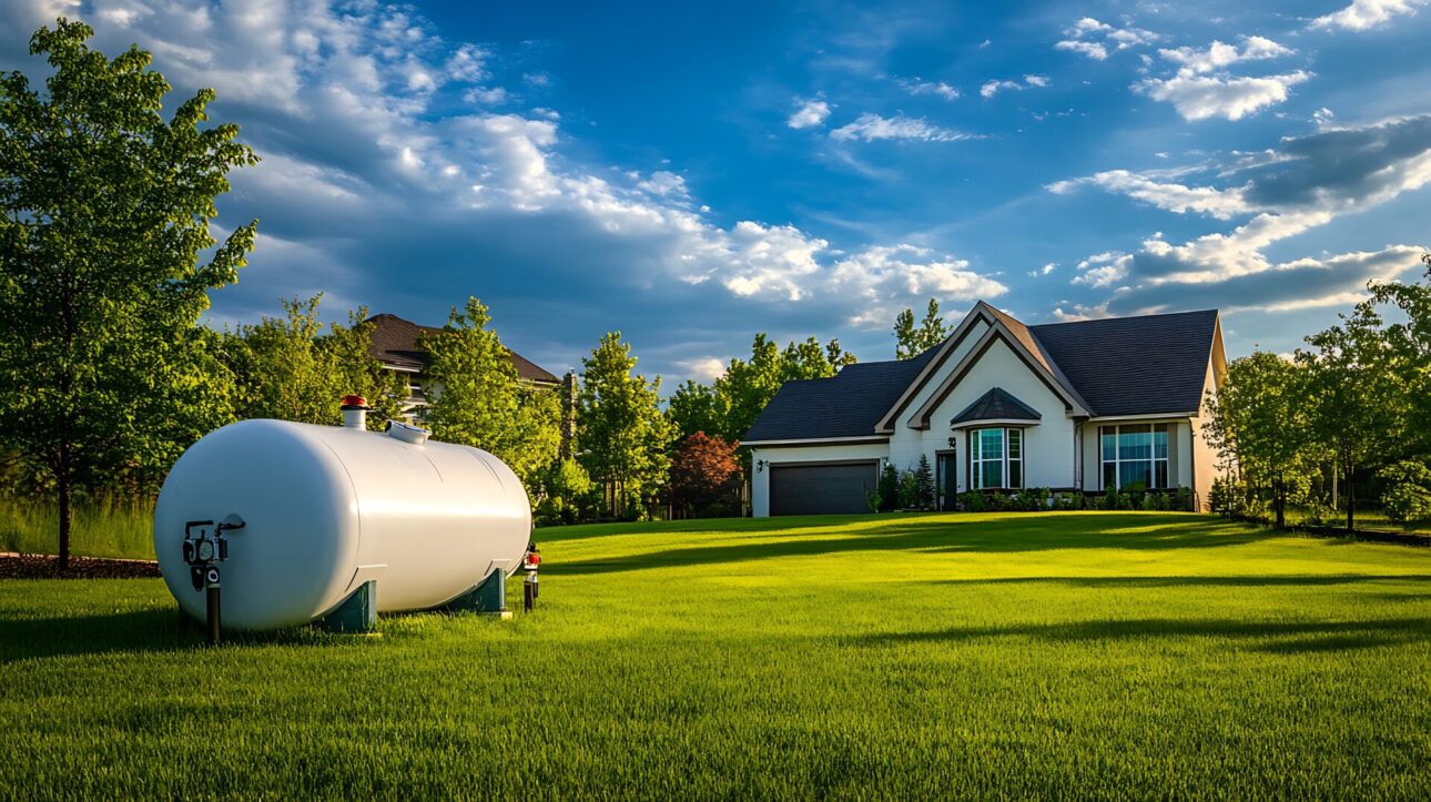 Large gas tank in front of house with green grass